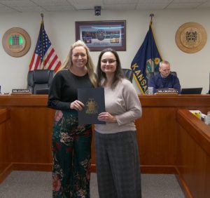 Mayor Allen with a representative from the Franklin County Historical Society accepting the proclamation/ Submitted photo