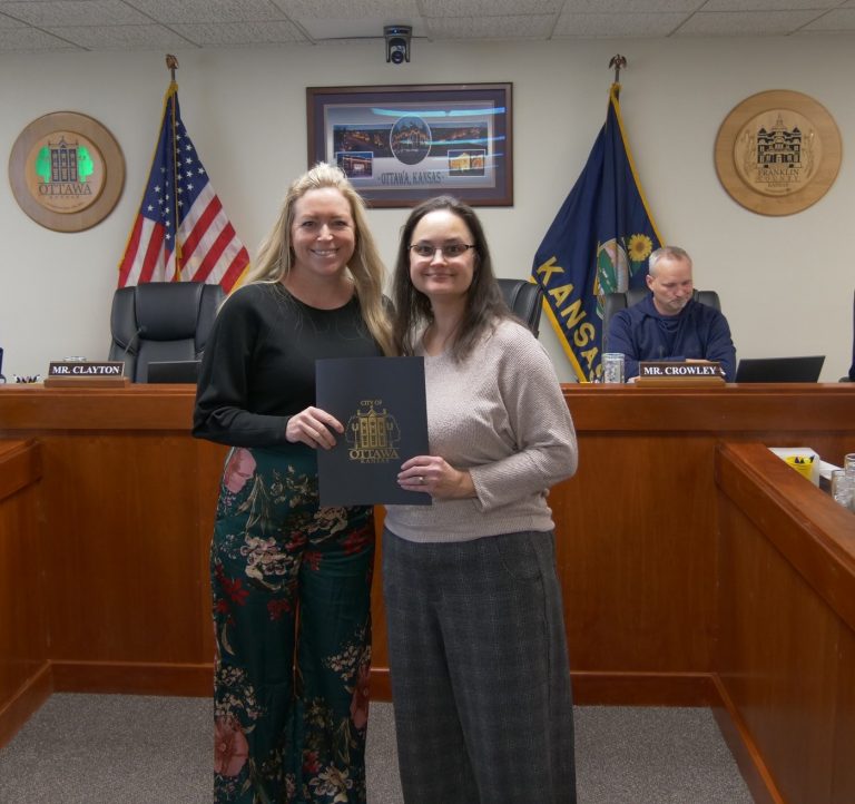 Mayor Allen with a representative from the Franklin County Historical Society accepting the proclamation/ Submitted photo